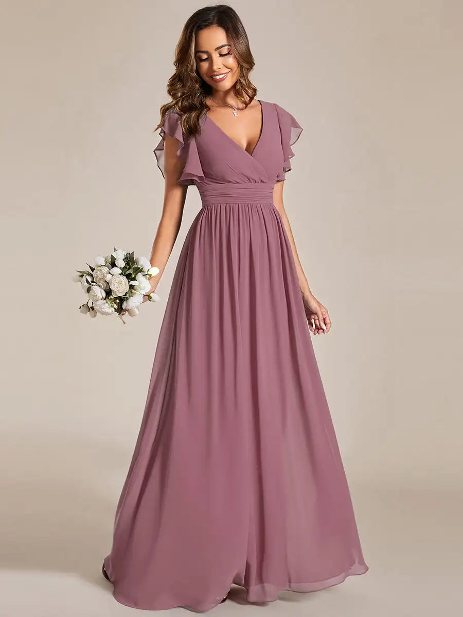 Women’s Evening Gown – Chiffon A-Line – V-Neck – Flutter Sleeve – Empire Waist