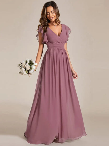 Women’s Evening Gown – Chiffon A-Line – V-Neck – Flutter Sleeve – Empire Waist