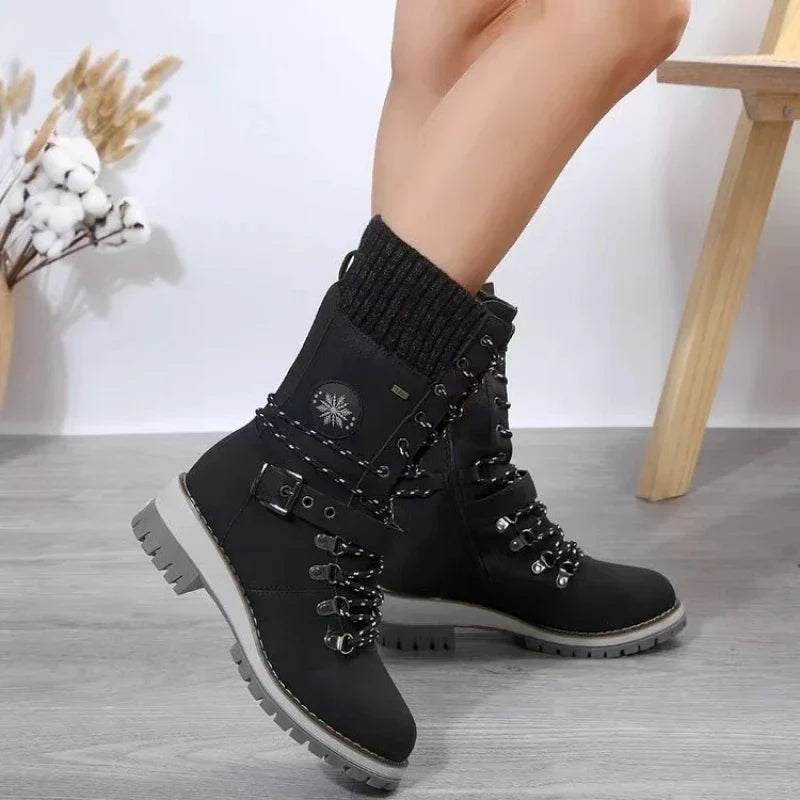 Women's lace-up boots with buckle strap and warm lining