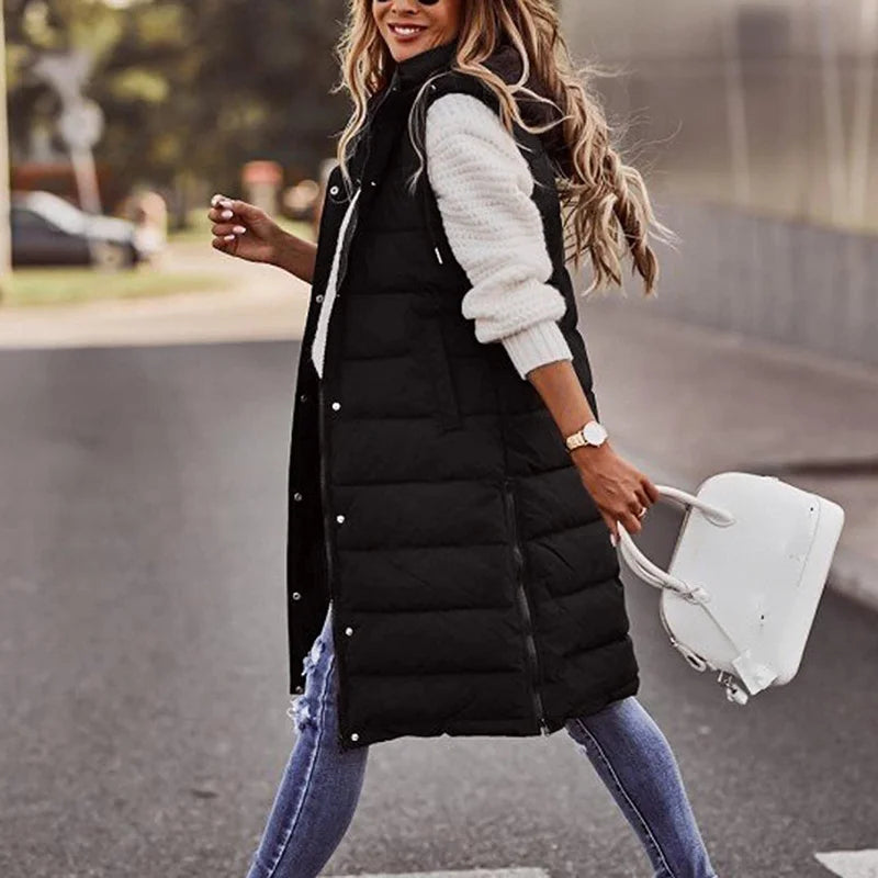 Women's long hooded vest down quilted sleeveless lightweight winter jacket