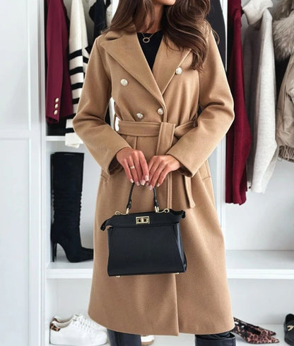 Elegant women’s double-breasted coat with tie closure