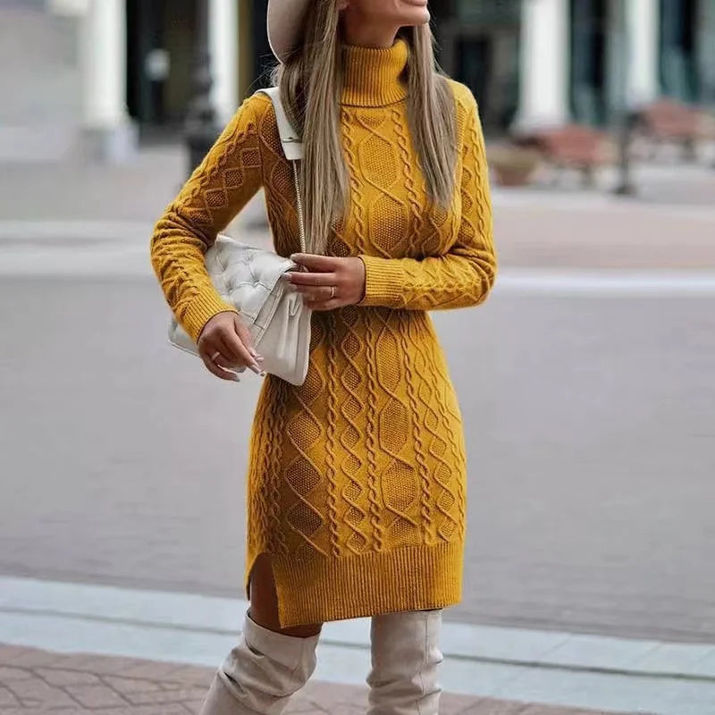 Women's Sweater Dress - Cable Knit - Turtleneck - Long Sleeve - Form-Fitting Stylish Wear