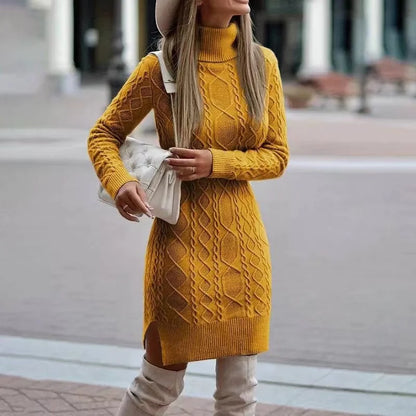 Women's Sweater Dress - Cable Knit - Turtleneck - Long Sleeve - Form-Fitting Stylish Wear