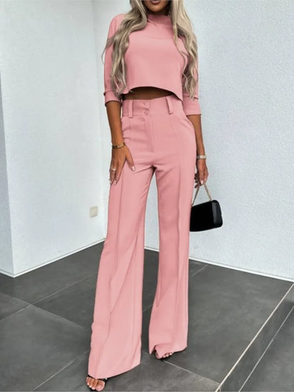 Women's  elegant casual crop top and high waist wide leg trouser set