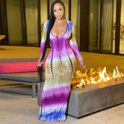 Women's colorful tie-dye long sleeve bodycon dress