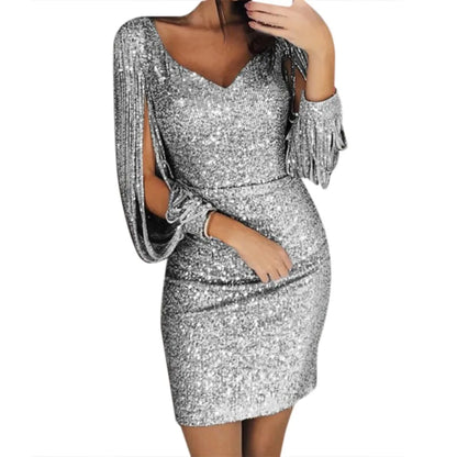 Women's Mini Dress - Sequin Embellished - Long Sleeve Fringe Detail - V-Neck Party Wear
