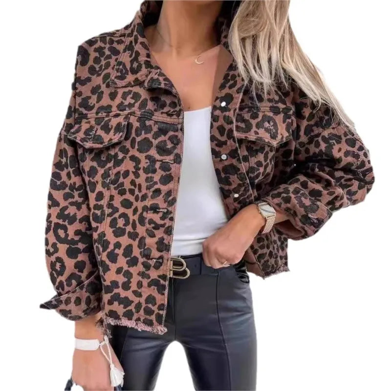 Leopard print denim jacket for women