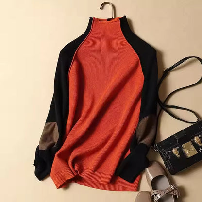 Women’s Pullover Sweater – Knit Wool Blend – Relaxed Fit – Half Turtleneck – Elbow Patches