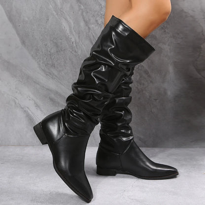 Women's knee high punk style pleated PU leather boots