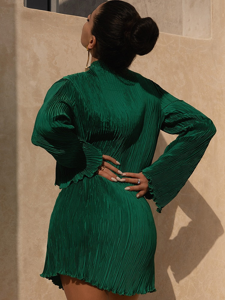 Women's Mini Dress - Pleated Design - Long Bell Sleeves - High Neck Elegant Fit