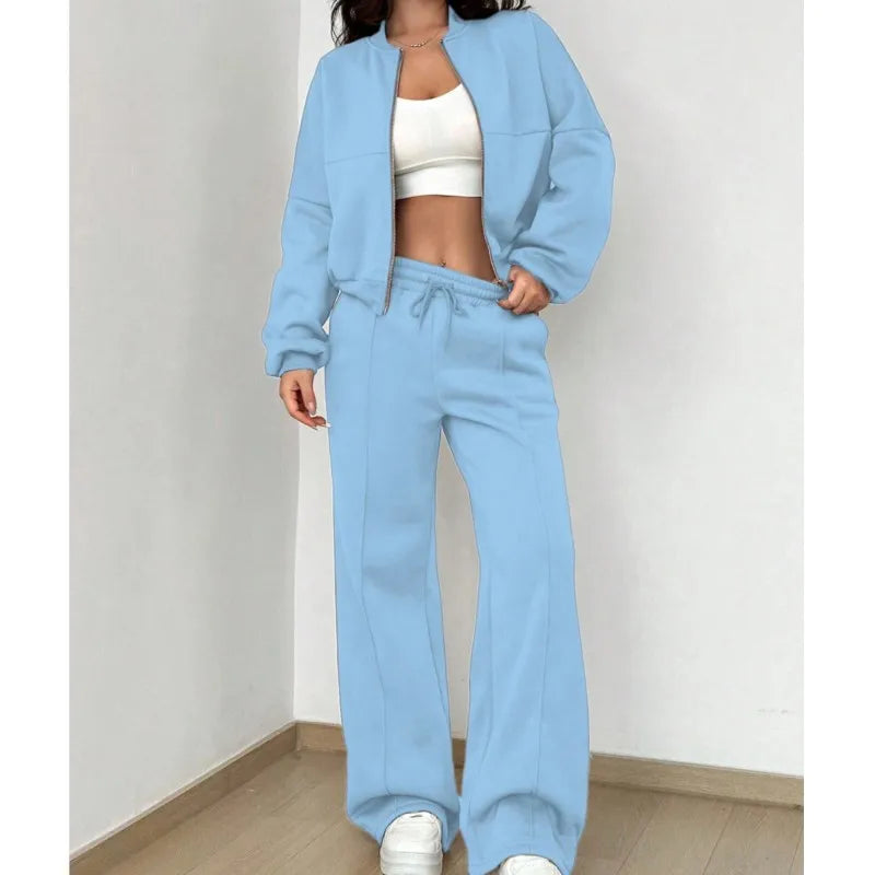 Women's casual zipper bomber jacket and wide leg pants set