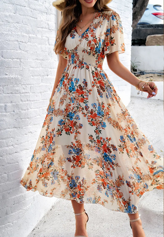 Floral Print Smocked Waist Maxi Dress