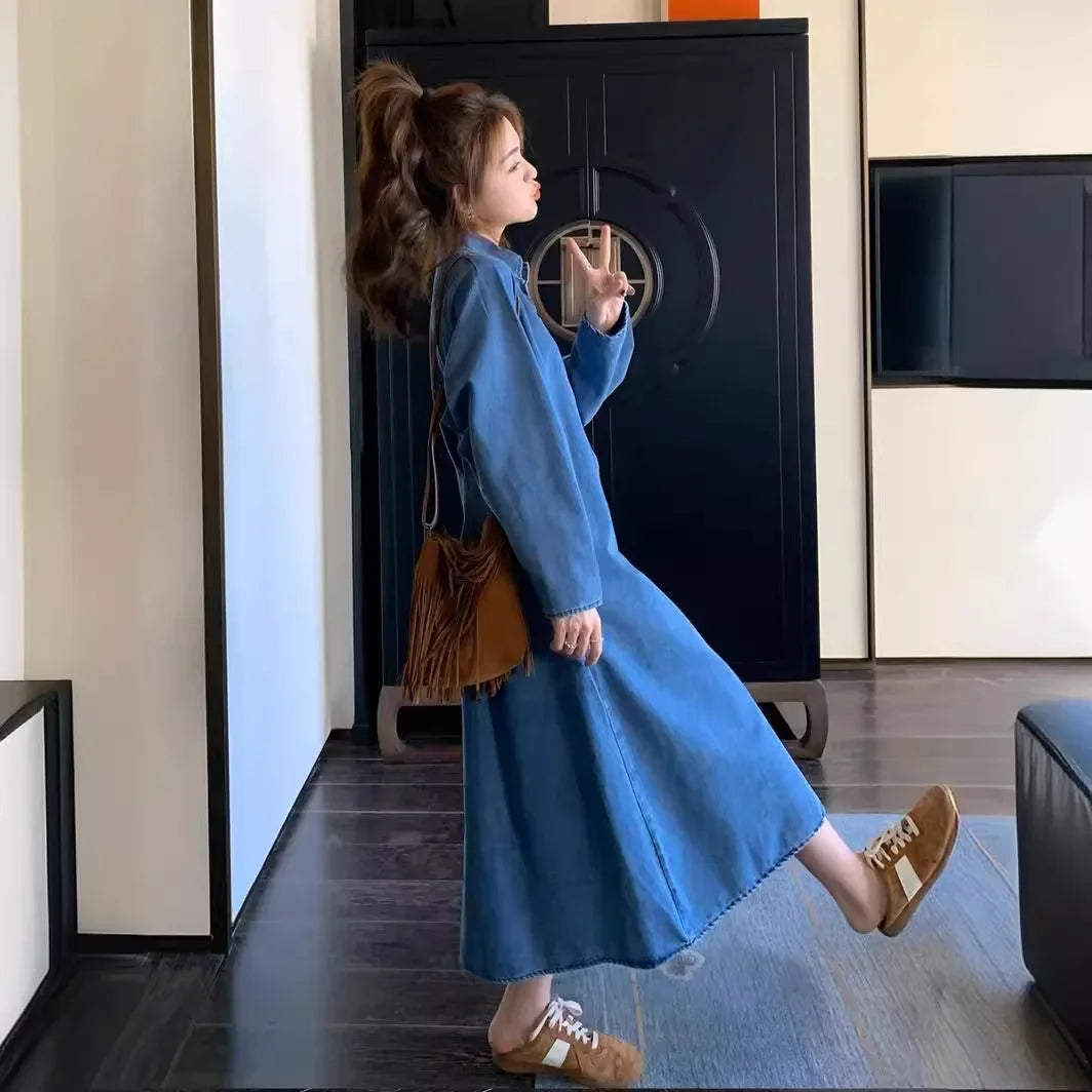 Women's french style long sleeve retro denim dress