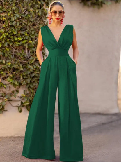 Women's Jumpsuit - Sleeveless V-Neck Wrap - Wide-Leg Elegant Fit - Lightweight Fabric