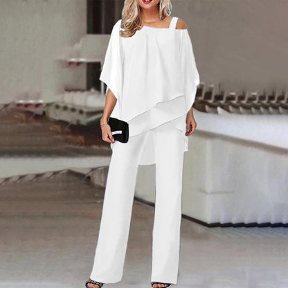 Women's Two-Piece Set - Sheer Layered Top - Wide-Leg Flowing Trousers - Elegant Outfit