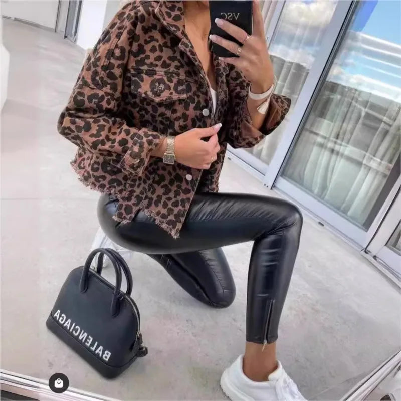 Leopard print denim jacket for women