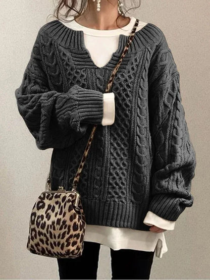 Women's retro knit v-neck twist-pattern sweater