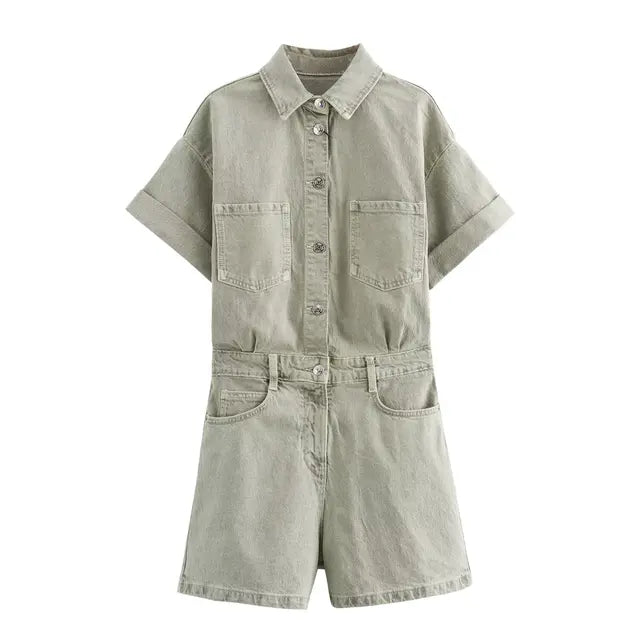 Women's Denim Romper - Button-Up Short Sleeve - Fitted Waist with Pockets