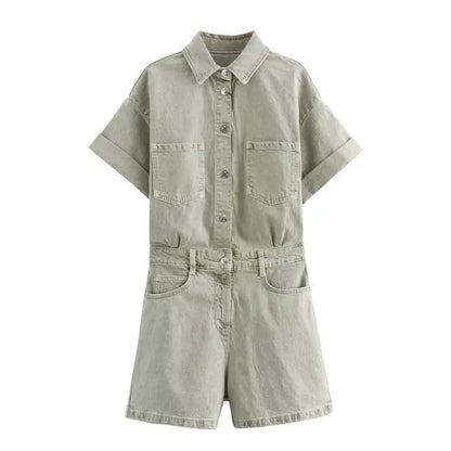 Women's Denim Romper - Button-Up Short Sleeve - Fitted Waist with Pockets
