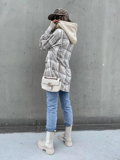 Women's autumn plaid button front jacket with detachable hoodie