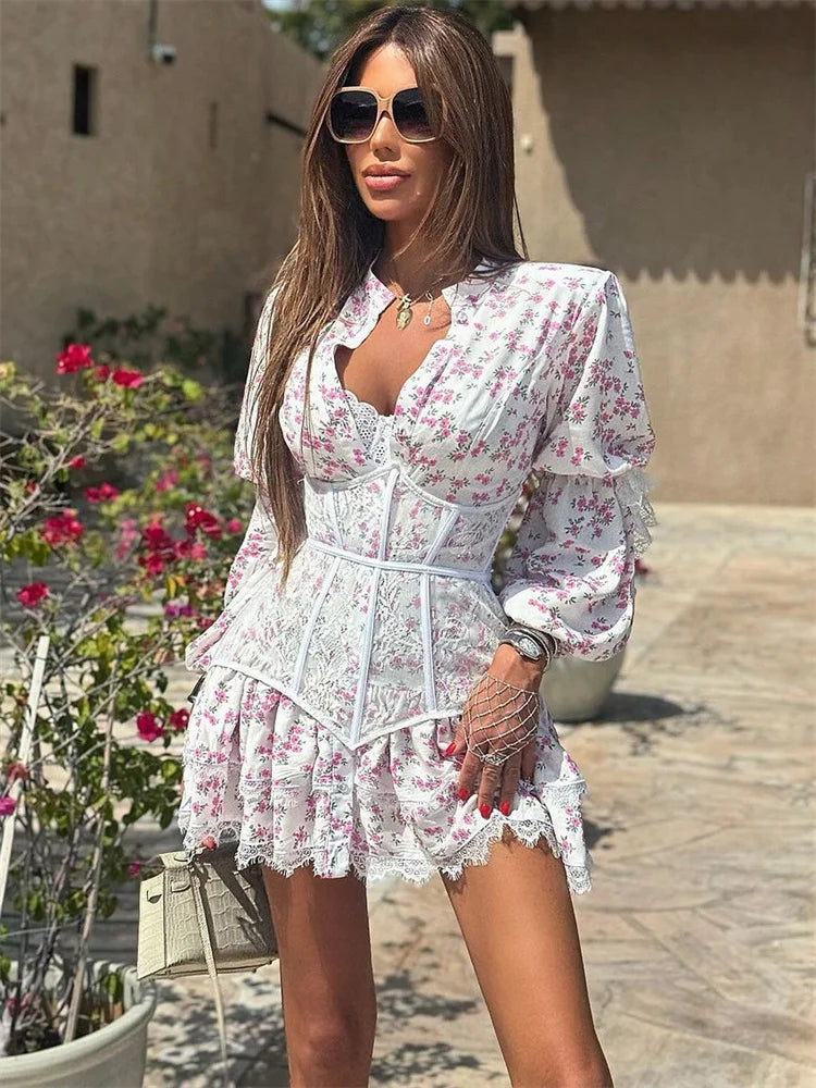 Floral Print Corset Waist Mini Dress