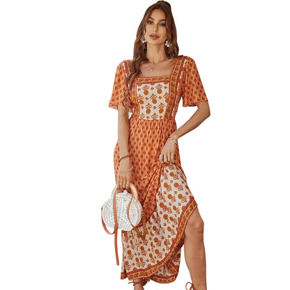 Women’s Maxi Dress – Cotton Blend – Bohemian Print – Tiered Skirt – Square Neckline