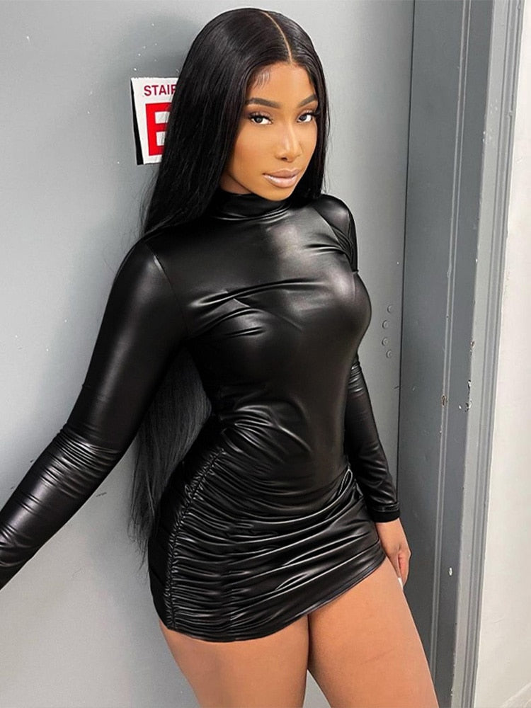 Women's Bodycon Mini Dress - Faux Leather - Long Sleeve - Ruched High Neck