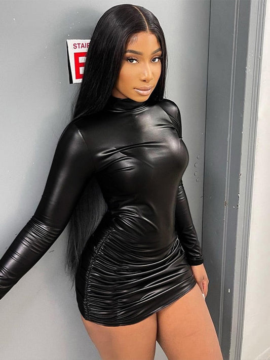 Faux Leather Ruched High Neck Mini Dress