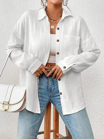 Women's Button-Up Shirt - Lightweight Crinkled Fabric - Relaxed Fit - Long Sleeve