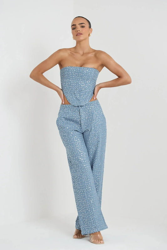 Sequin Tube Top And Wide Leg Pants Set