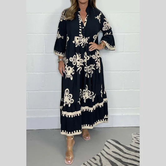Printed Elegant Stand-Up Collar Waist Dress