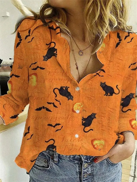 Relaxed Fit Halloween Print Button-Up Blouse