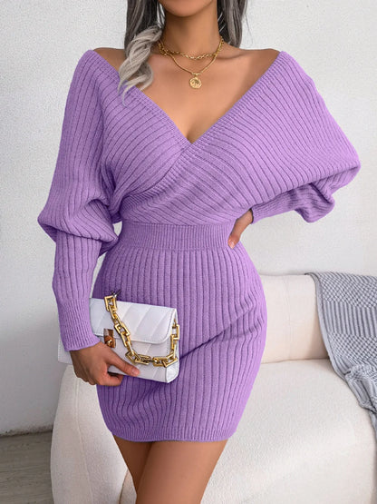 Women's Knitted Sweater Dress - Bodycon Fit - V-Neck - Ribbed Long Sleeve Mini Dress