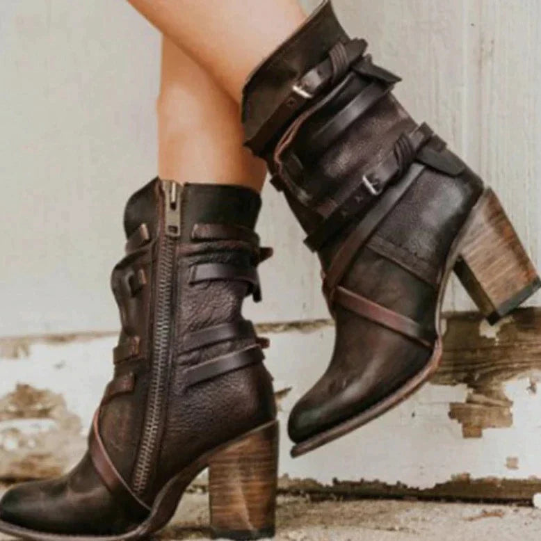 Women's retro leather boots with belt buckle design