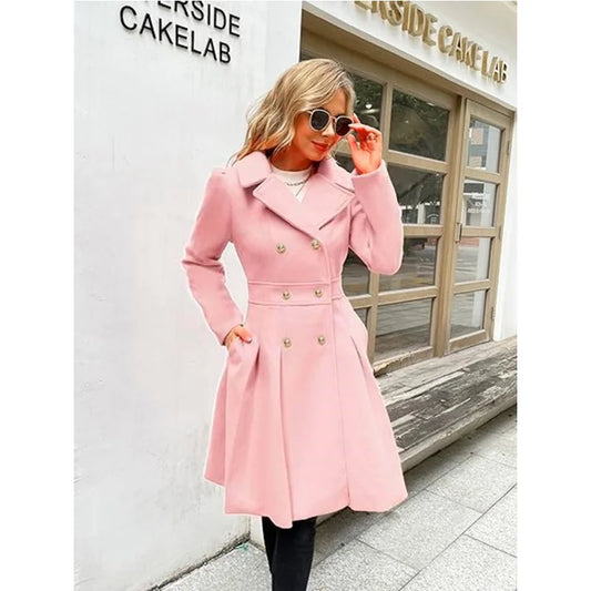 Woolen Double-Breasted Skirt Hemline Trench Coat