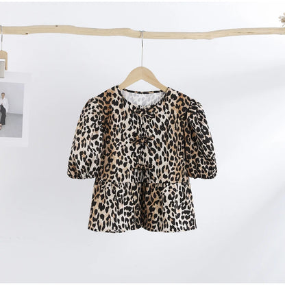 Women's Blouse - Puff Sleeve - Loose Fit - Striped Lightweight Tie-Neck