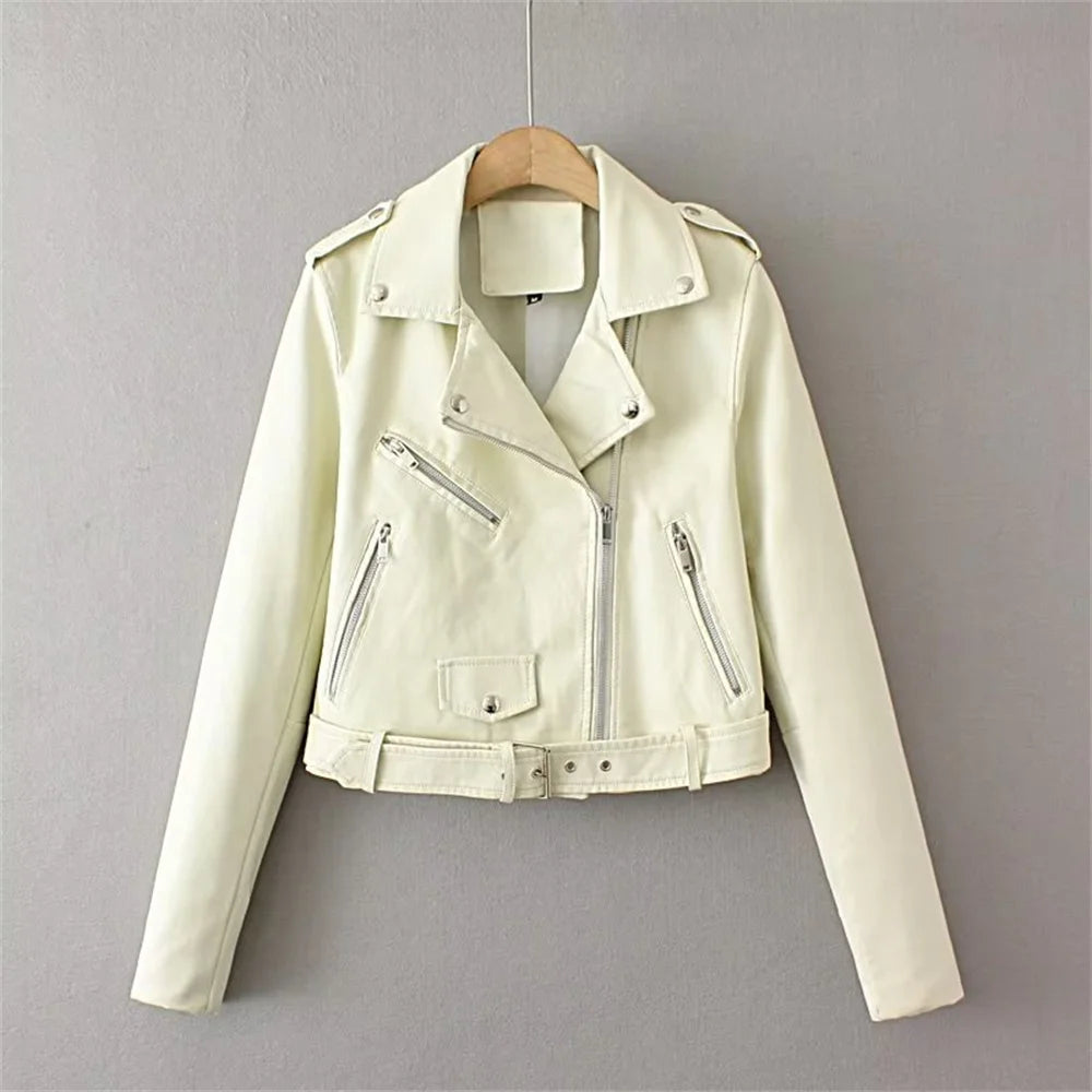 Women's zip-up belted PU leather moto jacket