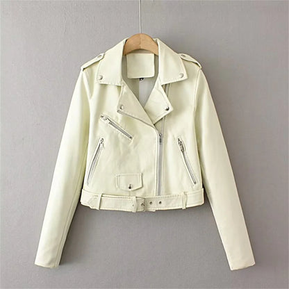 Women's zip-up belted PU leather moto jacket