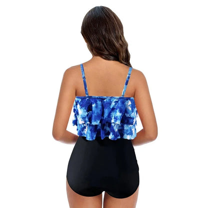 Women’s One-Piece Swimsuit – Ruffled Overlay – Ruched Midsection – High Rise Fit