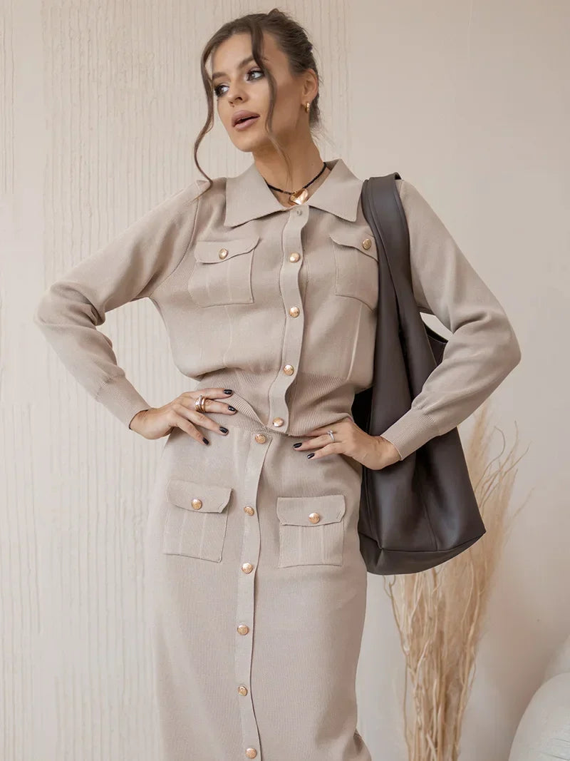 Women's elegant knit blazer and skirt set with pockets