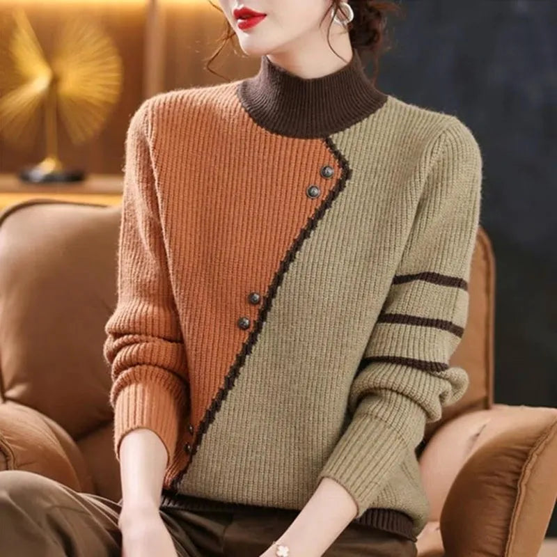 Women’s Knitted Sweater – Ribbed Turtleneck – Asymmetrical Button Design – Cozy Fit