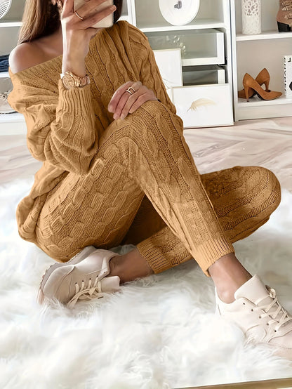 Women's casual knitted sweater and elastic pants set