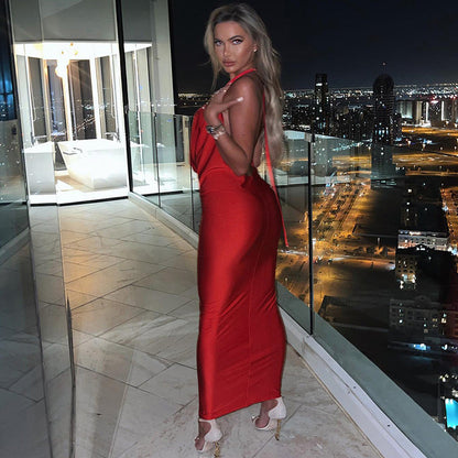 Women's Halter Neck Maxi Dress - Plunging V-Neck - Draped Bodice - Elegant Evening Gown