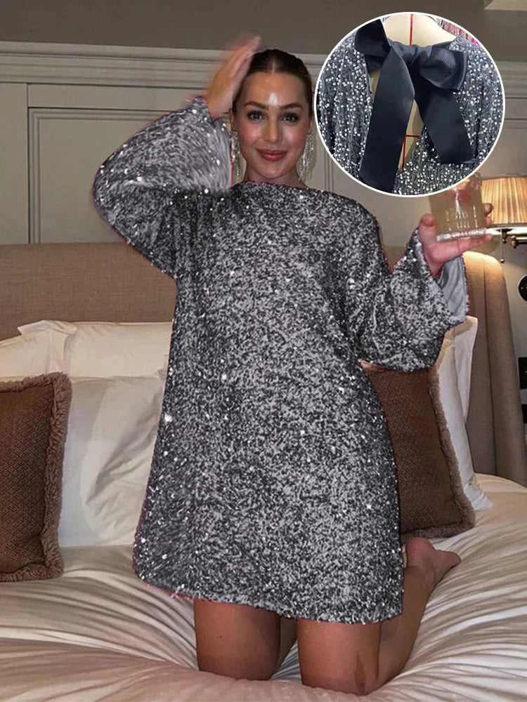 Women's Long-Sleeve Mini Dress - Boucle Textured - Shift Style - Round Neck