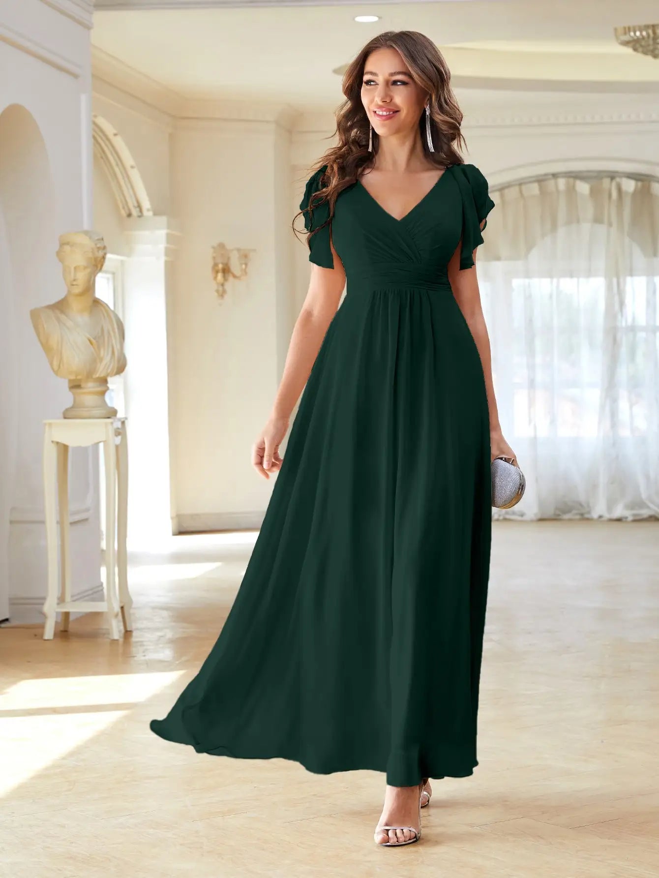 Women’s Evening Gown – Satin A-Line – V-Neck – Flutter Sleeves – Full Length Formal Wear