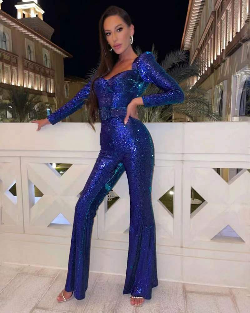 Women's Jumpsuit - Fitted Corset Style - Long Sleeve - Sequined Flare Leg Party Wear