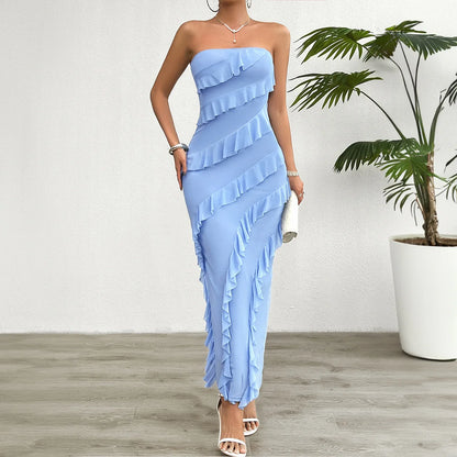 Women’s Strapless Midi Dress – Bodycon Fit – Stretch Fabric – Ruffled Front Detail