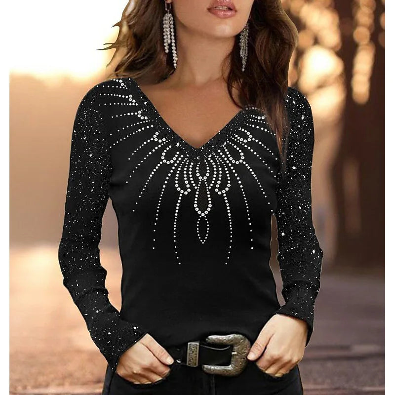 Elegant long sleeve v-neck slim fit t-shirt for women