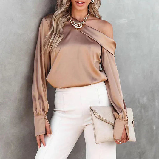 Satin Finish One-Shoulder Long Sleeve Blouse