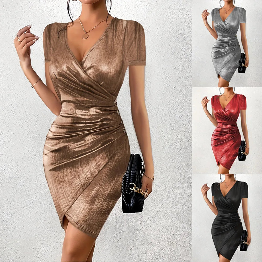 Women's Wrap Dress - V-Neck Knee-Length - Short Sleeve Elegant Fitted Style